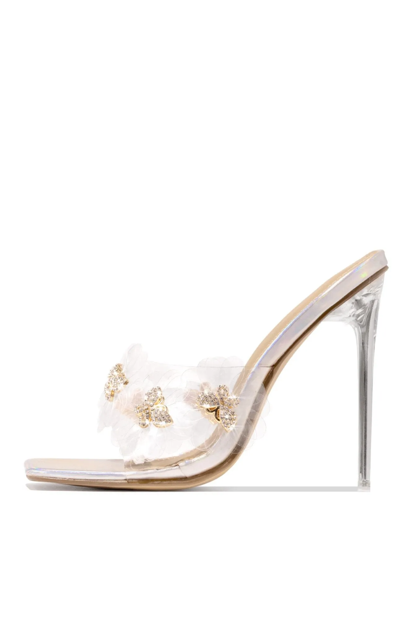 Heel Butterfly Toe Square Diamond Mule Clear Holo Countdown deal Premium offer LuxeModa Detail Peep Secret