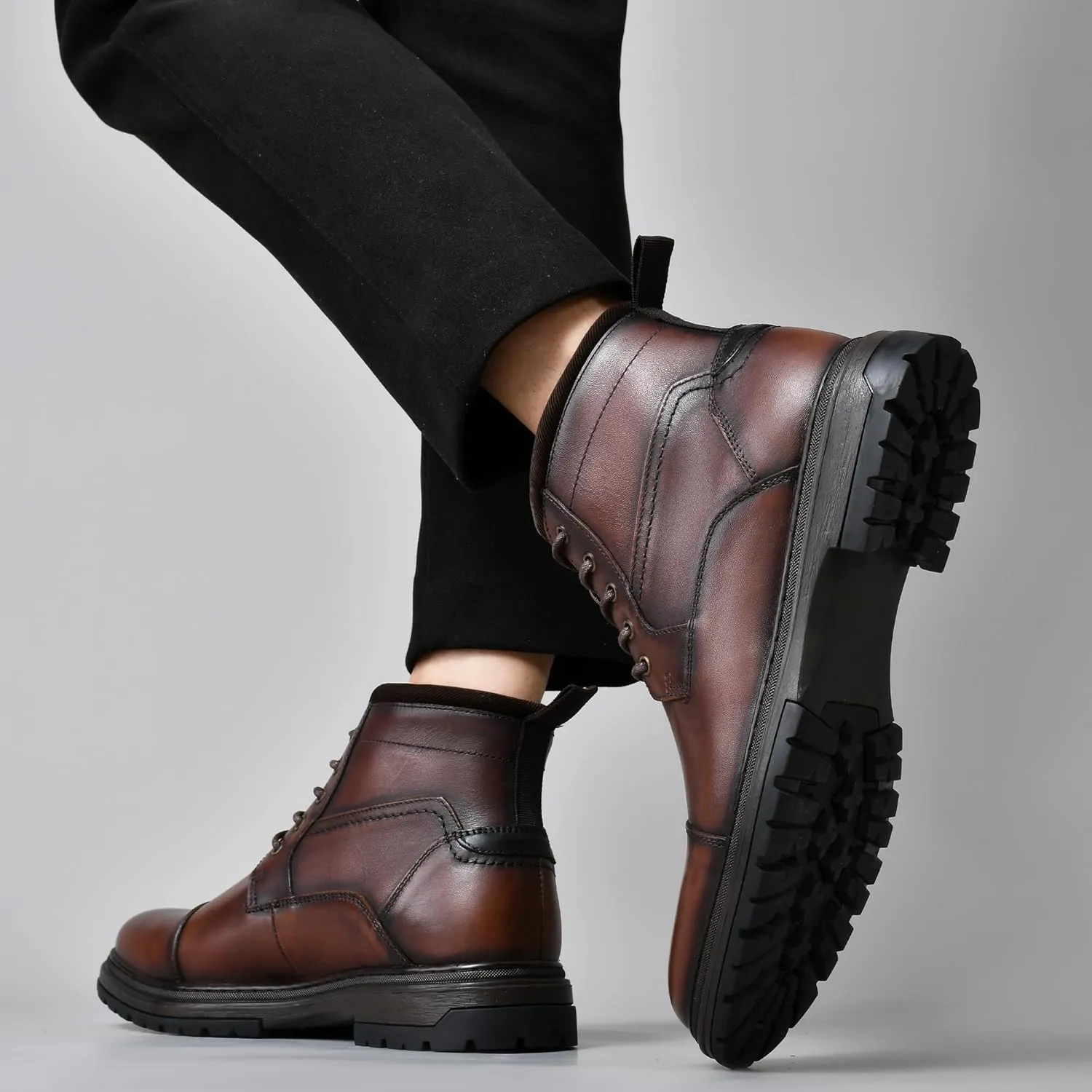 Holy dove Mens Oxford Leather Dress Boots Cap Toe Side Zip Fashion Mid Top Chukka Ankle Boots for Men