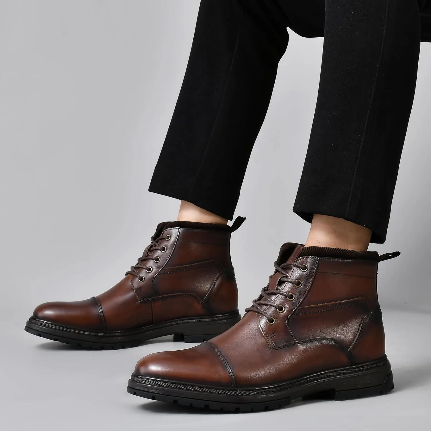 Holy dove Mens Oxford Leather Dress Boots Cap Toe Side Zip Fashion Mid Top Chukka Ankle Boots for Men