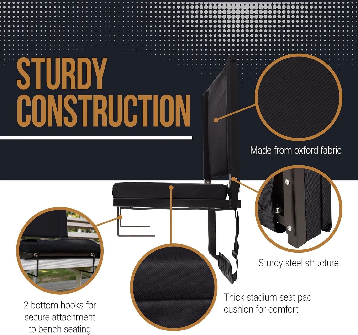 Home-Complete Bleacher Seat - Stadium Seat Cushion with Pocket and Cupholder - Wide Portable Sports Chair - Stadium Seats with Back Support (Black)