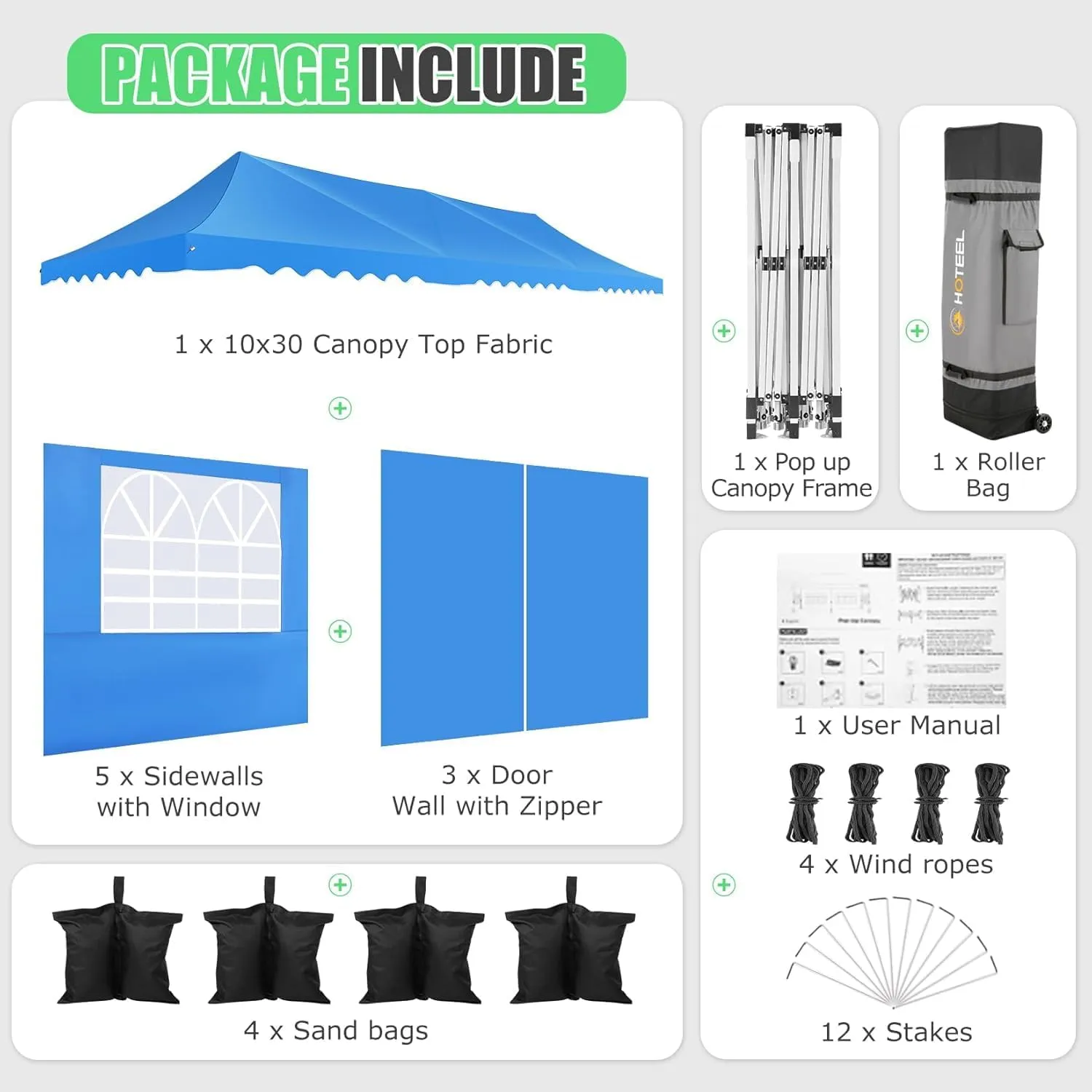 HOTEEL 10x30 Pop Up Canopy with Walls Party Tent Event Tent UPF 50  Windproof Waterproof Wedding Tents for Parties Gazebo Canopy with Roller Bag & 4 Weights Bags,Blue
