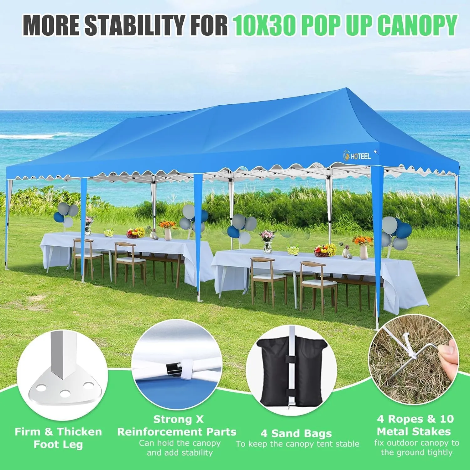HOTEEL 10x30 Pop Up Canopy with Walls Party Tent Event Tent UPF 50  Windproof Waterproof Wedding Tents for Parties Gazebo Canopy with Roller Bag & 4 Weights Bags,Blue