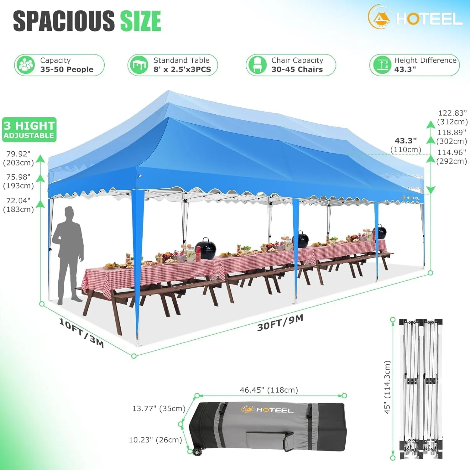 HOTEEL 10x30 Pop Up Canopy with Walls Party Tent Event Tent UPF 50  Windproof Waterproof Wedding Tents for Parties Gazebo Canopy with Roller Bag & 4 Weights Bags,Blue