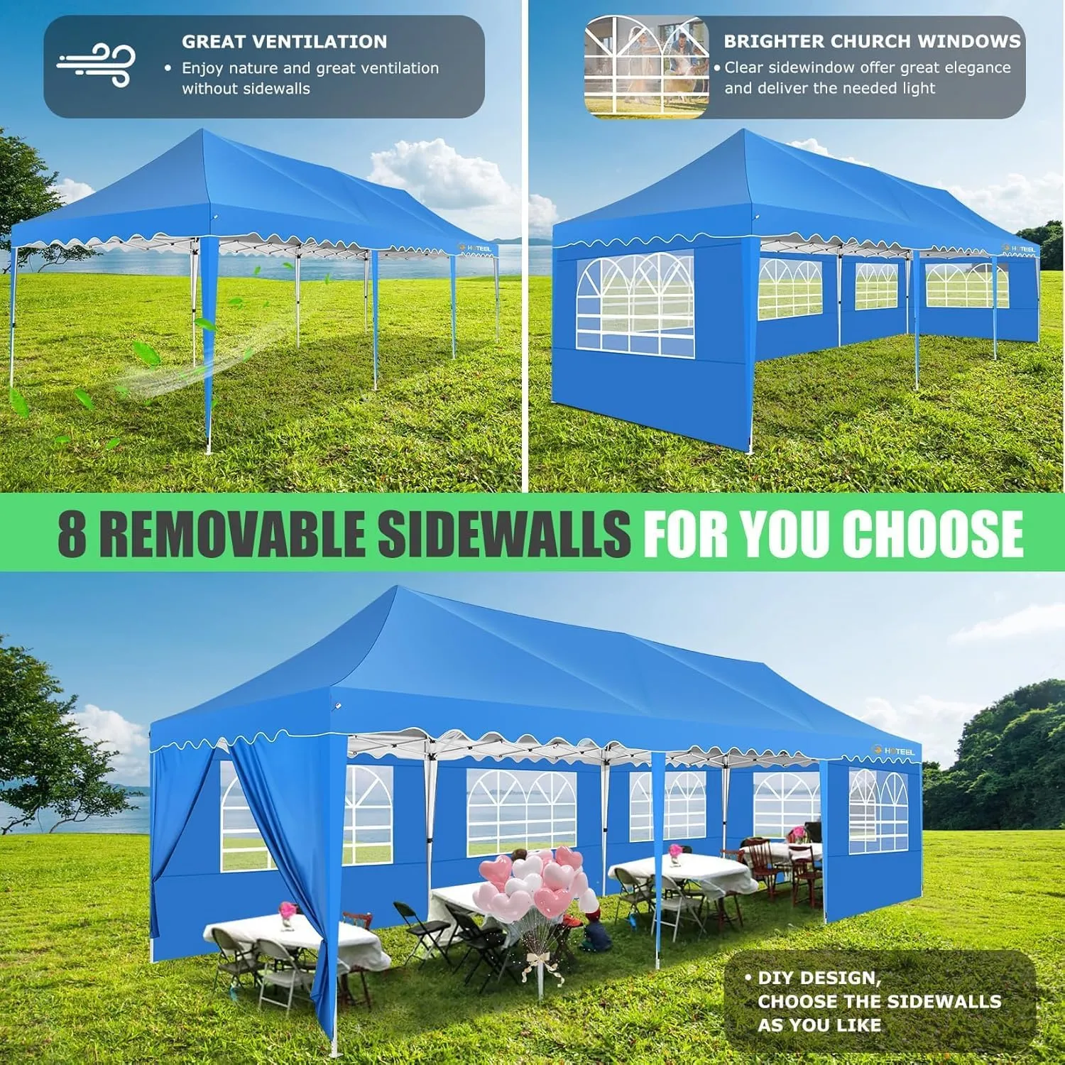 HOTEEL 10x30 Pop Up Canopy with Walls Party Tent Event Tent UPF 50  Windproof Waterproof Wedding Tents for Parties Gazebo Canopy with Roller Bag & 4 Weights Bags,Blue