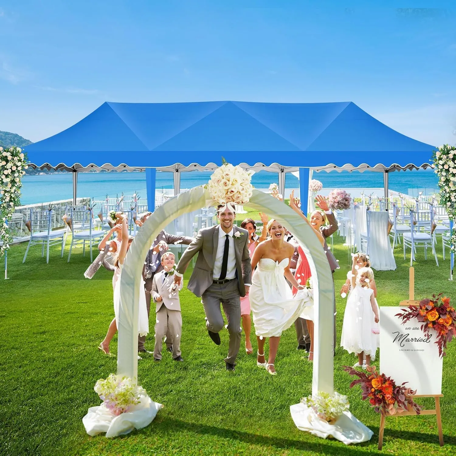HOTEEL 10x30 Pop Up Canopy with Walls Party Tent Event Tent UPF 50  Windproof Waterproof Wedding Tents for Parties Gazebo Canopy with Roller Bag & 4 Weights Bags,Blue