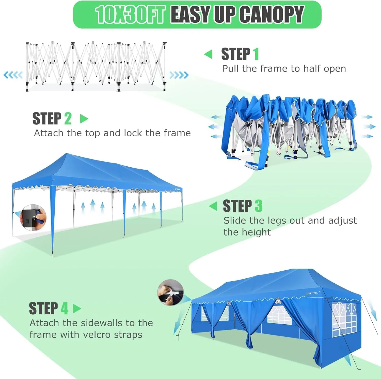 HOTEEL 10x30 Pop Up Canopy with Walls Party Tent Event Tent UPF 50  Windproof Waterproof Wedding Tents for Parties Gazebo Canopy with Roller Bag & 4 Weights Bags,Blue