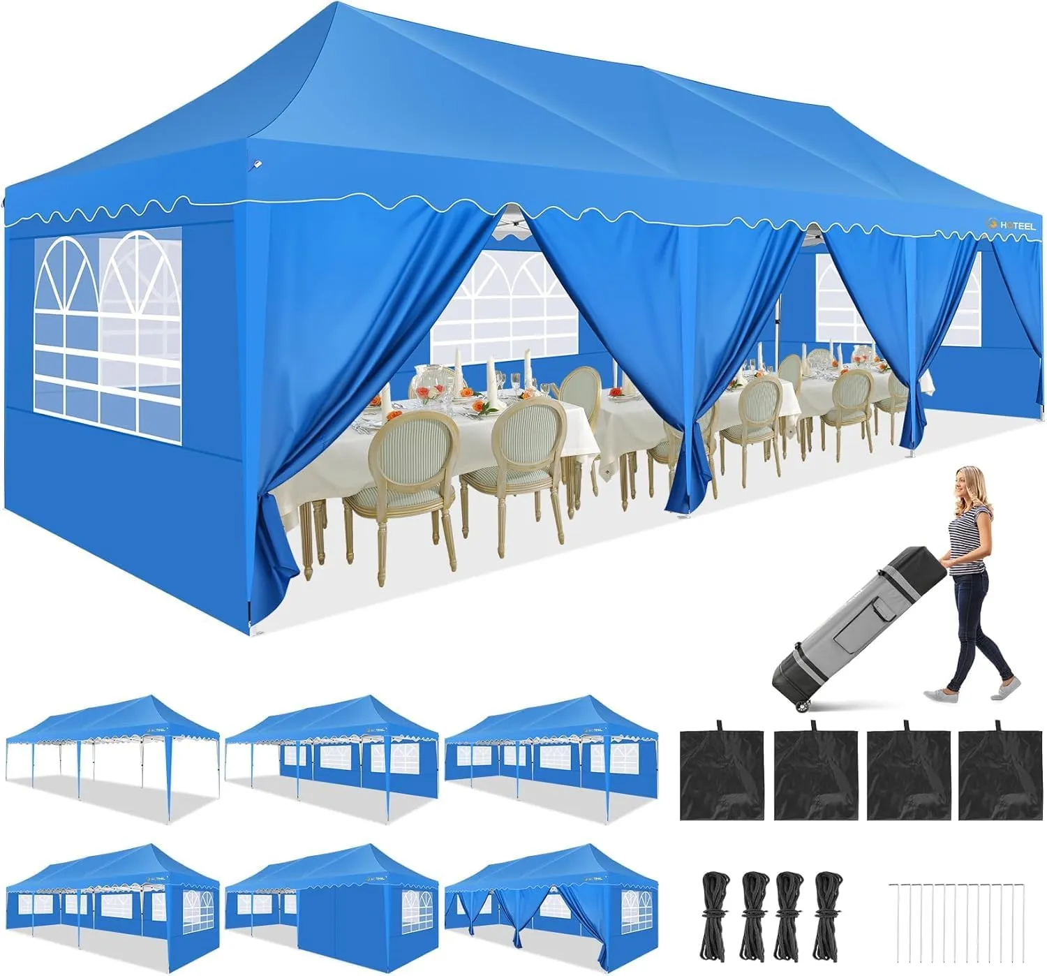 HOTEEL 10x30 Pop Up Canopy with Walls Party Tent Event Tent UPF 50  Windproof Waterproof Wedding Tents for Parties Gazebo Canopy with Roller Bag & 4 Weights Bags,Blue