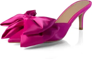 iadore Women's High Heel Sandals, 3'' Satin Closed Pointed Toe Oversized Bow Slip-on Stiletto Slippers Party Prom Casual Dress Mules