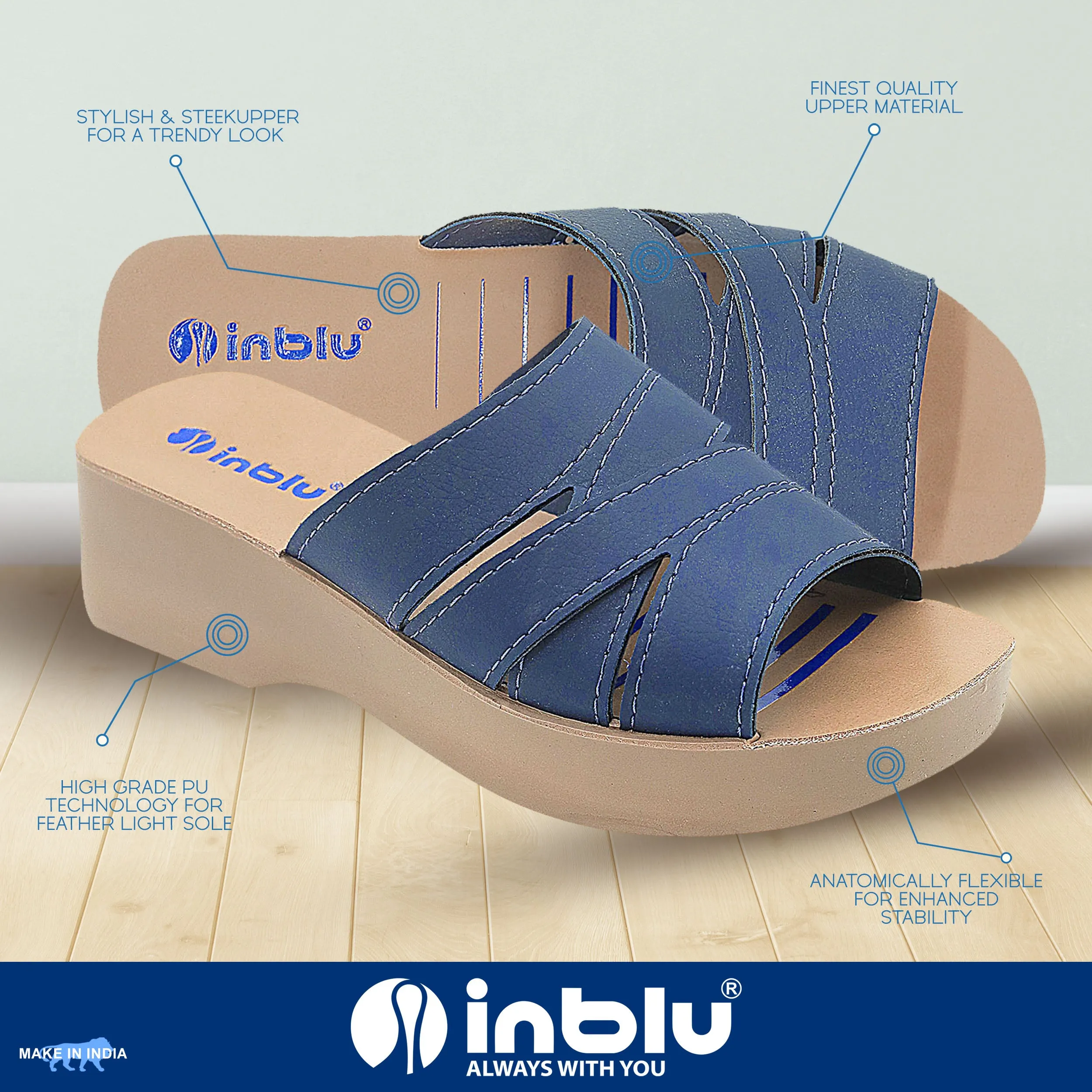 Inblu Women Blue Mule Shape Wedge Sandal with Slip-on Closure (MR50_BLUE)