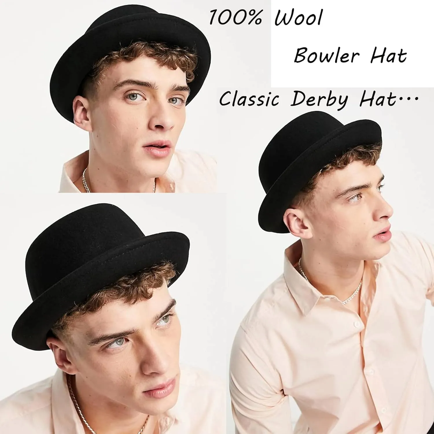 INOGIH Wool Derby Hat Round Cloche Hat for Men and Women Black Bowler Hat Upturn Brim Church Hat (S/M)
