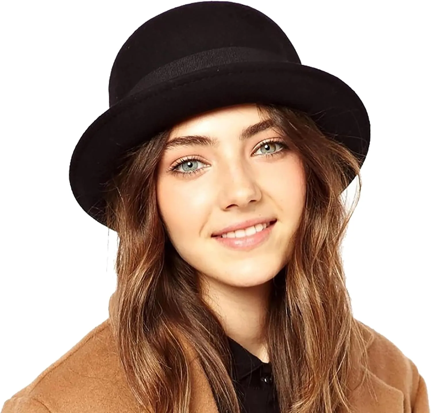 INOGIH Wool Derby Hat Round Cloche Hat for Men and Women Black Bowler Hat Upturn Brim Church Hat (S/M)