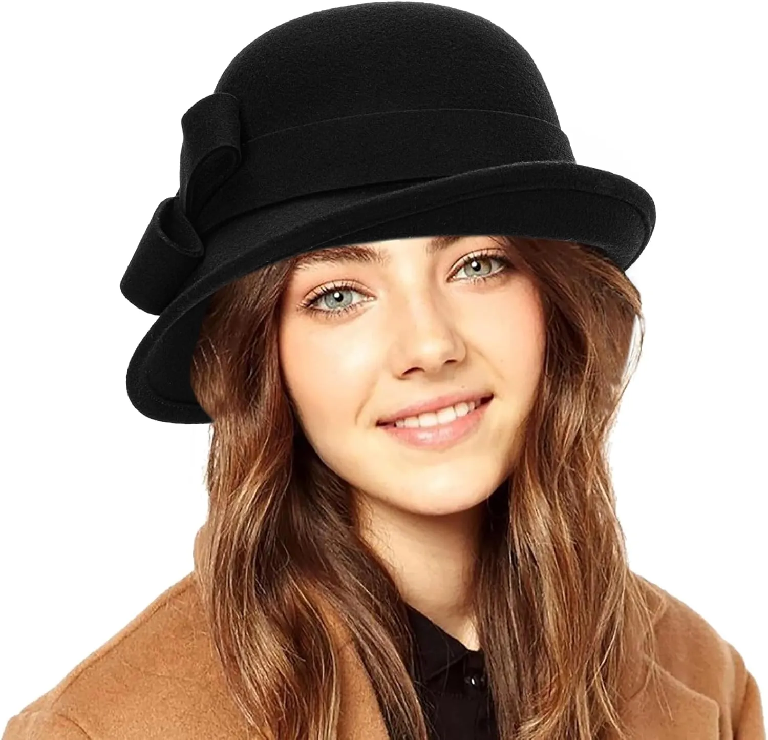 INOGIH Wool Derby Hat Round Cloche Hat for Men and Women Black Bowler Hat Upturn Brim Church Hat (S/M)