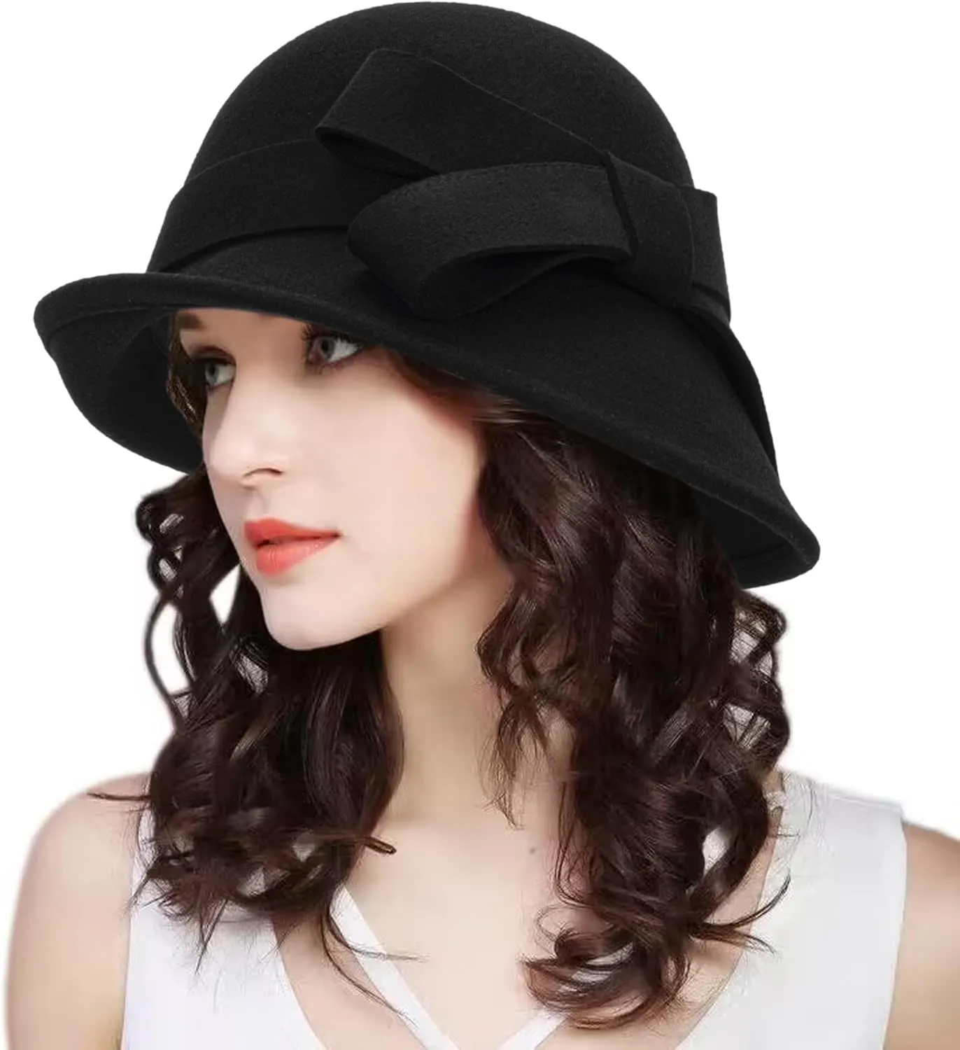 INOGIH Wool Derby Hat Round Cloche Hat for Men and Women Black Bowler Hat Upturn Brim Church Hat (S/M)