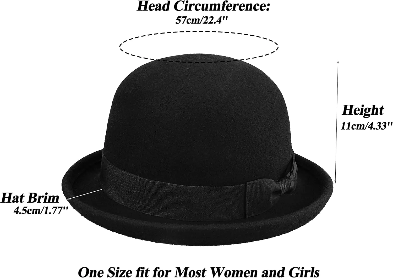 INOGIH Wool Derby Hat Round Cloche Hat for Men and Women Black Bowler Hat Upturn Brim Church Hat (S/M)