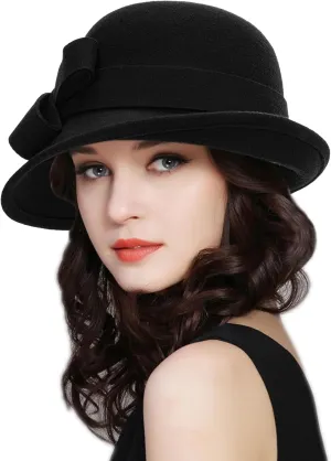 INOGIH Wool Derby Hat Round Cloche Hat for Men and Women Black Bowler Hat Upturn Brim Church Hat (S/M)