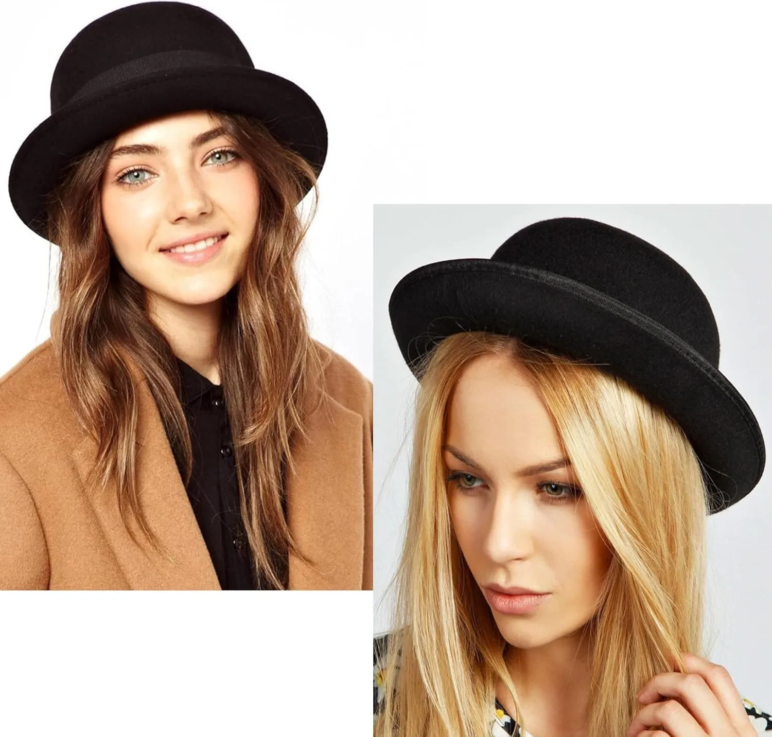 INOGIH Wool Derby Hat Round Cloche Hat for Men and Women Black Bowler Hat Upturn Brim Church Hat (S/M)