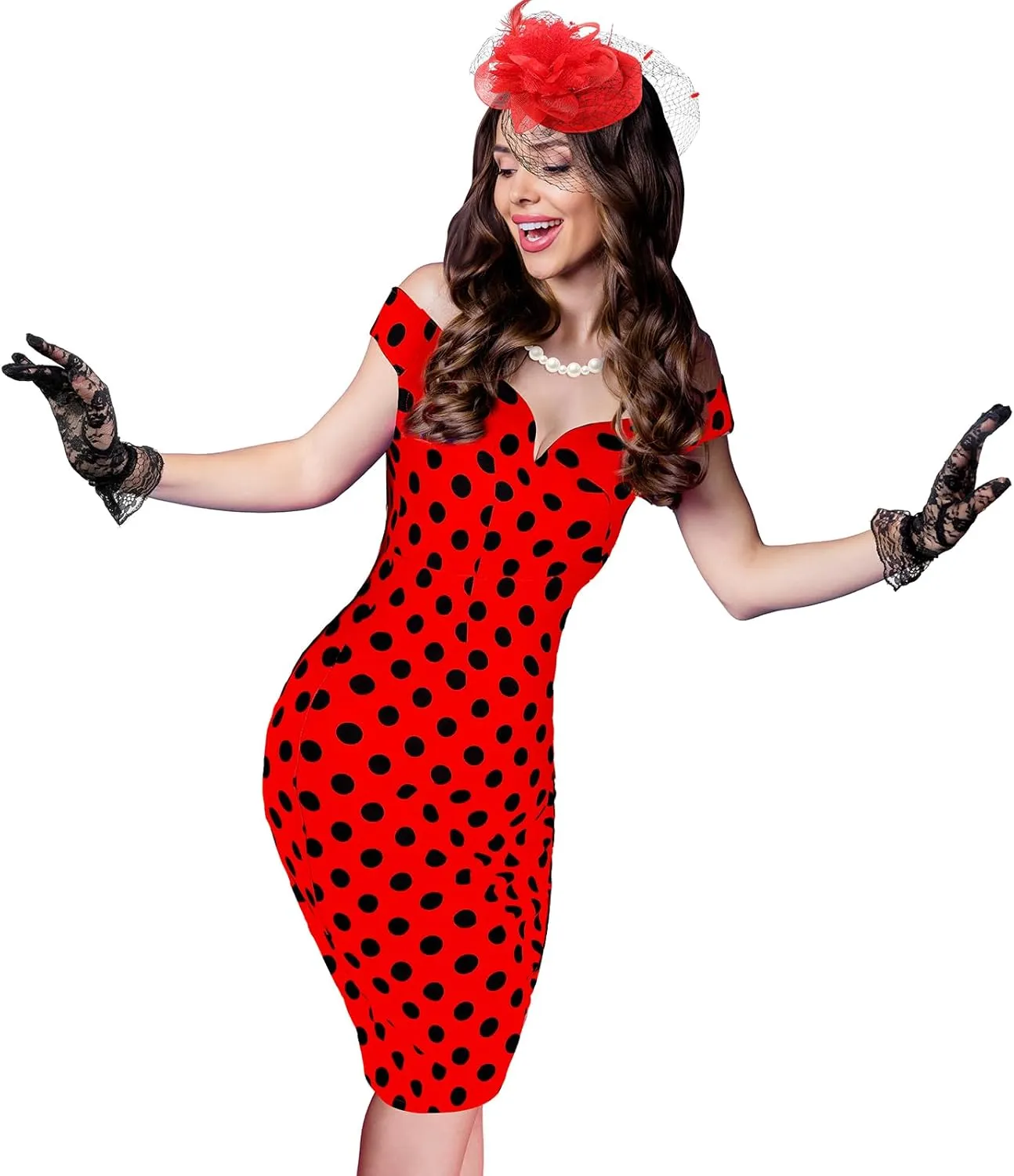 JenPen 5 Pcs Women's Vintage Tea Party Polka Dot Dress Retro Pencil Dress Sets for Derby 1950s Cocktail Opera Evening Cosplay