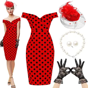 JenPen 5 Pcs Women's Vintage Tea Party Polka Dot Dress Retro Pencil Dress Sets for Derby 1950s Cocktail Opera Evening Cosplay