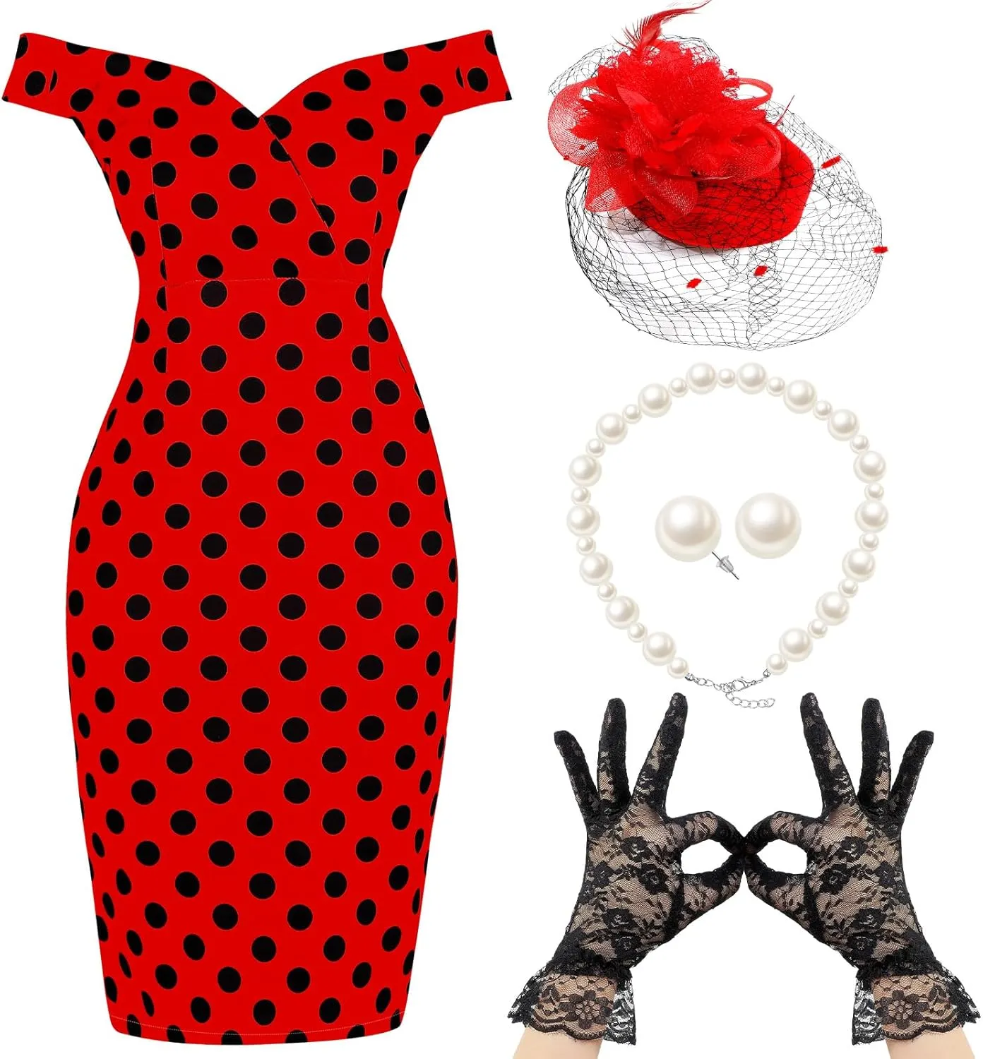 JenPen 5 Pcs Women's Vintage Tea Party Polka Dot Dress Retro Pencil Dress Sets for Derby 1950s Cocktail Opera Evening Cosplay