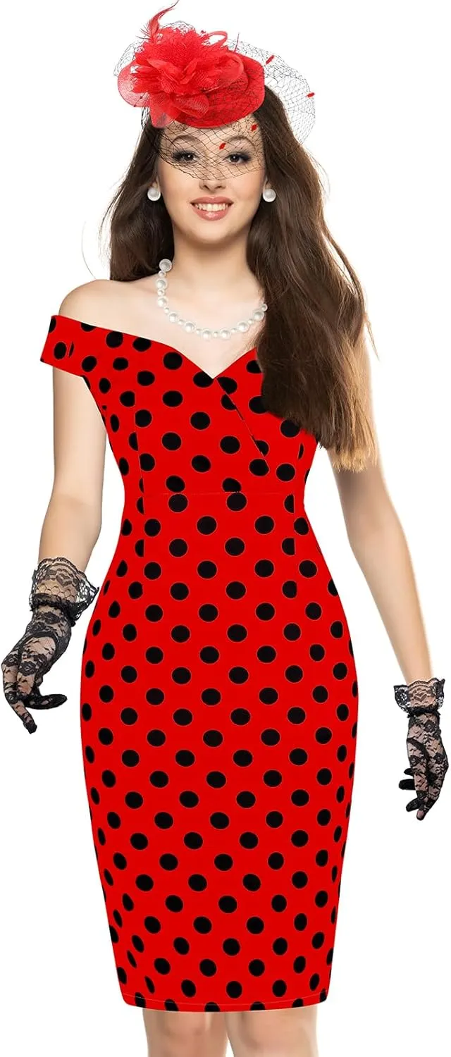JenPen 5 Pcs Women's Vintage Tea Party Polka Dot Dress Retro Pencil Dress Sets for Derby 1950s Cocktail Opera Evening Cosplay