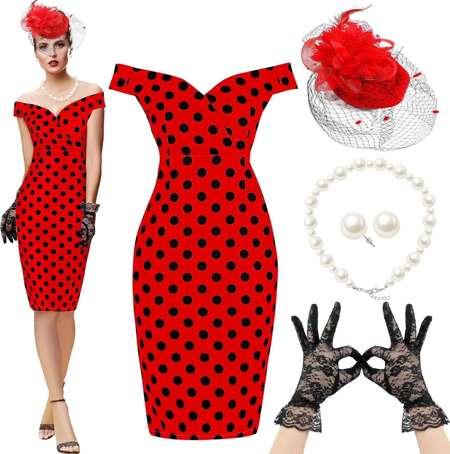 JenPen 5 Pcs Women's Vintage Tea Party Polka Dot Dress Retro Pencil Dress Sets for Derby 1950s Cocktail Opera Evening Cosplay