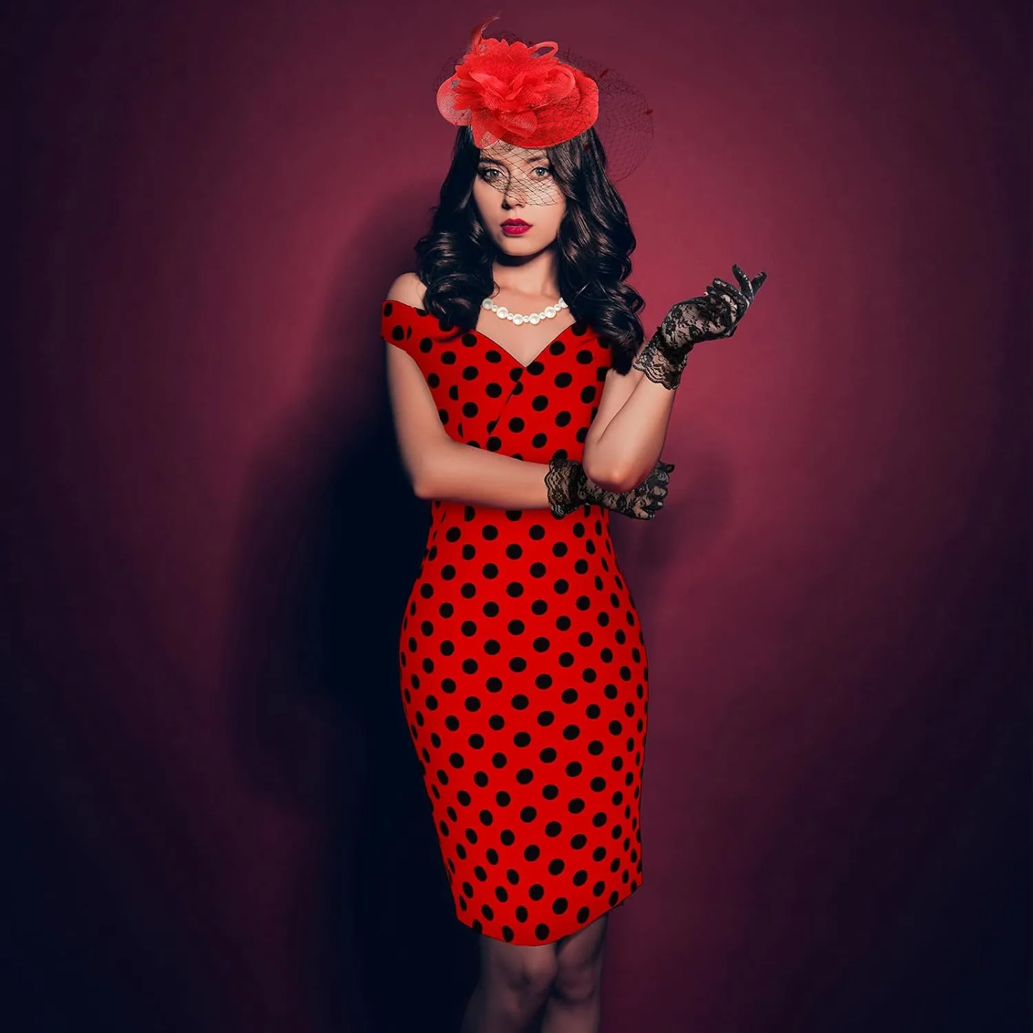 JenPen 5 Pcs Women's Vintage Tea Party Polka Dot Dress Retro Pencil Dress Sets for Derby 1950s Cocktail Opera Evening Cosplay
