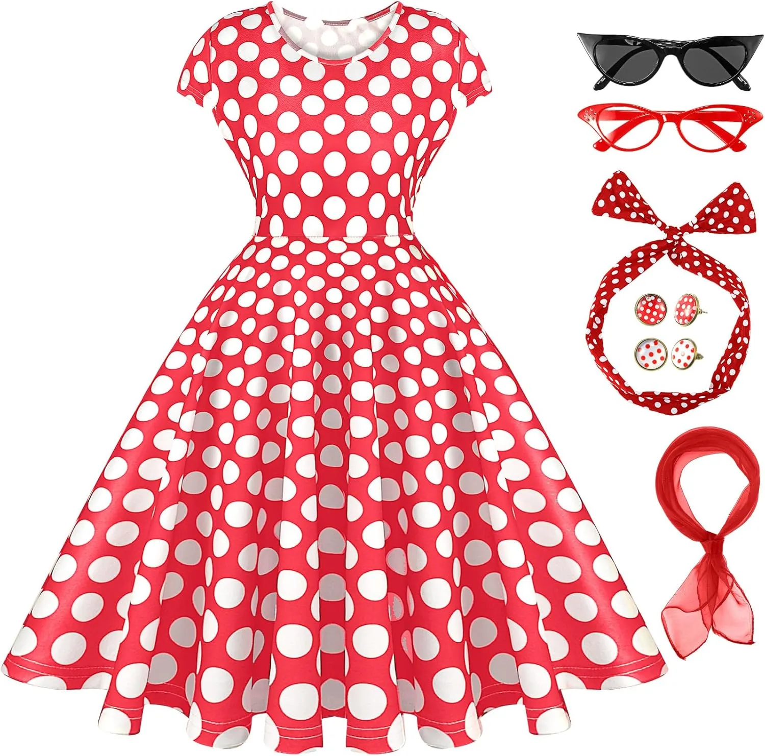 JenPen 7 Pcs 50s Women Costume Vintage Polka Dot Cocktail Dress Retro 50s Chiffon Scarf Cat Eye Glasses Headband Earring