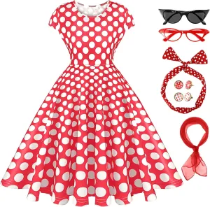 JenPen 7 Pcs 50s Women Costume Vintage Polka Dot Cocktail Dress Retro 50s Chiffon Scarf Cat Eye Glasses Headband Earring