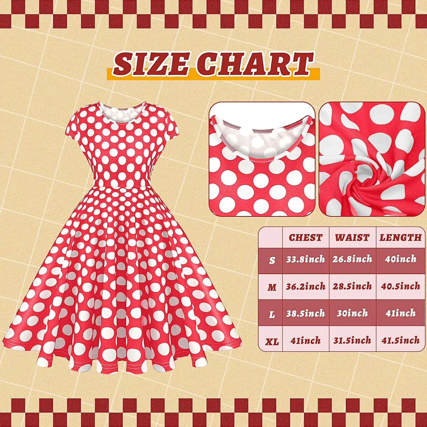 JenPen 7 Pcs 50s Women Costume Vintage Polka Dot Cocktail Dress Retro 50s Chiffon Scarf Cat Eye Glasses Headband Earring