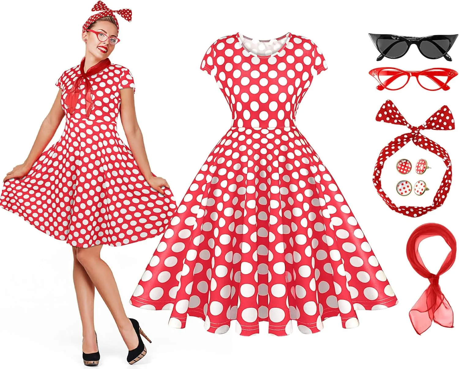 JenPen 7 Pcs 50s Women Costume Vintage Polka Dot Cocktail Dress Retro 50s Chiffon Scarf Cat Eye Glasses Headband Earring