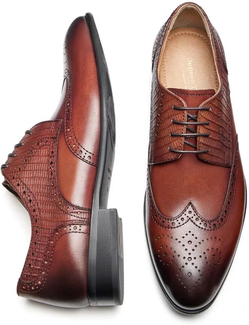 Jepsengord Men's Dress Shoes Wingtip Genuine Cowhide Leather Oxfords with Brogue Formal Business Wedding Derby Shoes