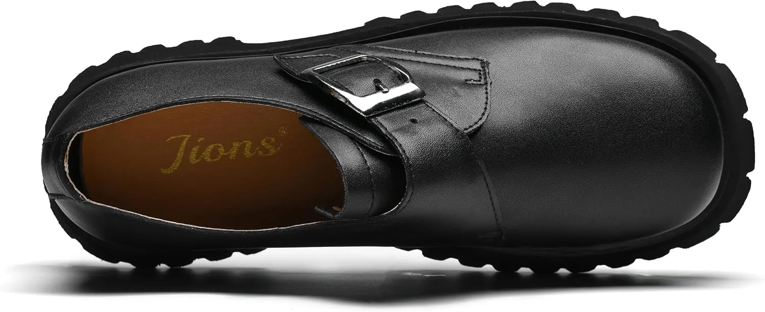 JIONS Mens Black Leather Derby Shoes Non-Slip 2.36" Thick-Soled Big Round-Toed Buckle Platform Dress Business Oxfords