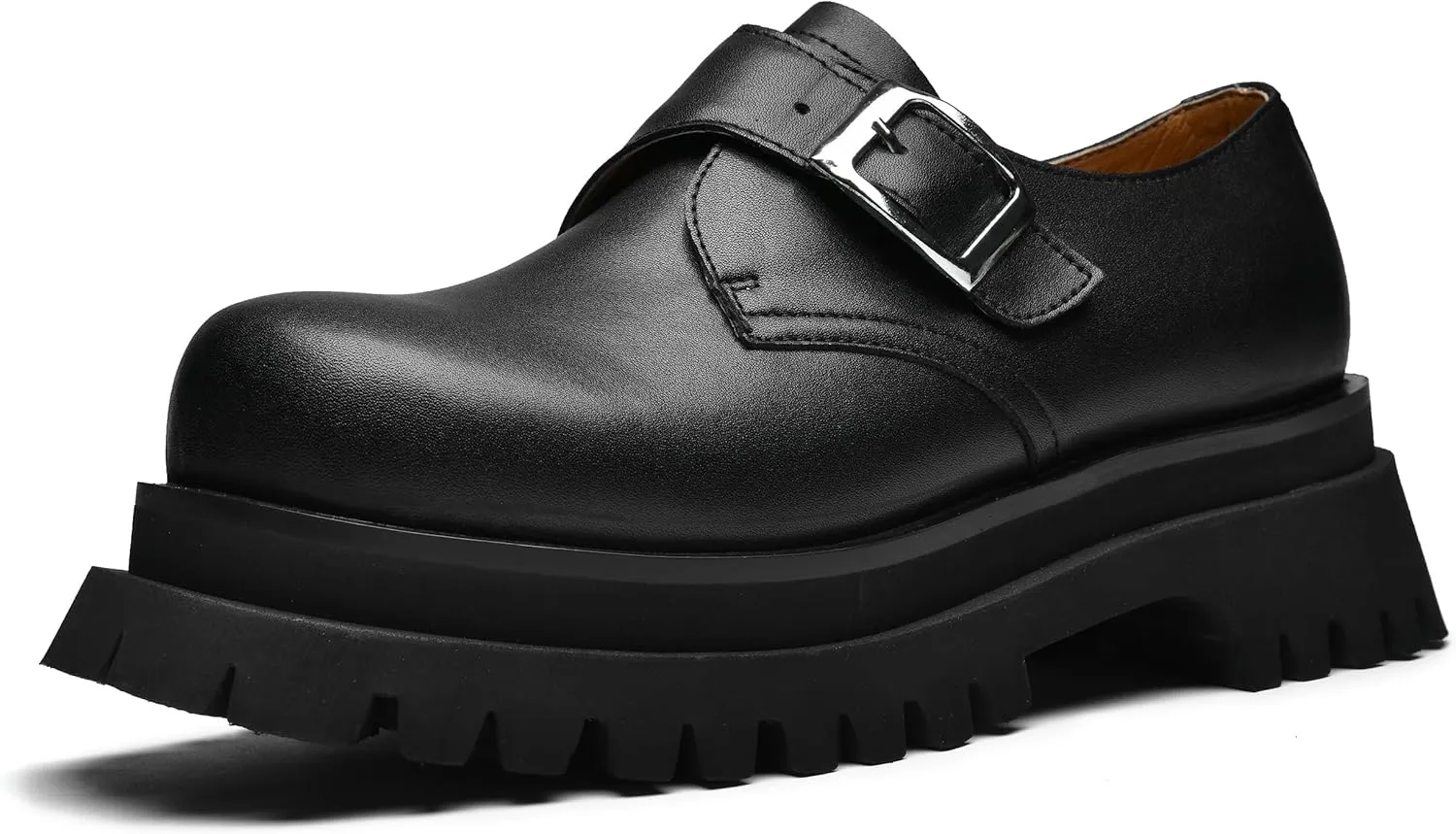 JIONS Mens Black Leather Derby Shoes Non-Slip 2.36" Thick-Soled Big Round-Toed Buckle Platform Dress Business Oxfords