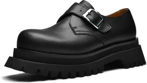 JIONS Mens Black Leather Derby Shoes Non-Slip 2.36" Thick-Soled Big Round-Toed Buckle Platform Dress Business Oxfords