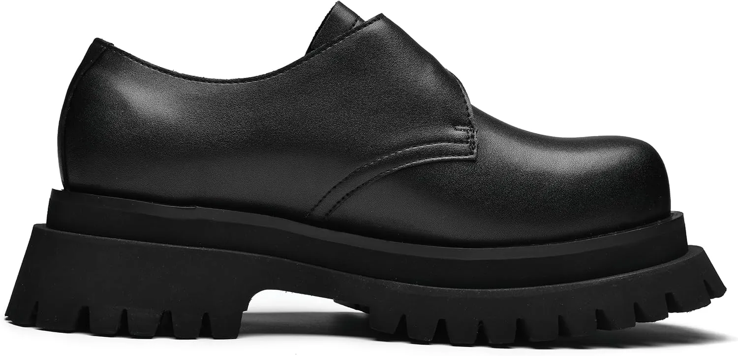JIONS Mens Black Leather Derby Shoes Non-Slip 2.36" Thick-Soled Big Round-Toed Buckle Platform Dress Business Oxfords