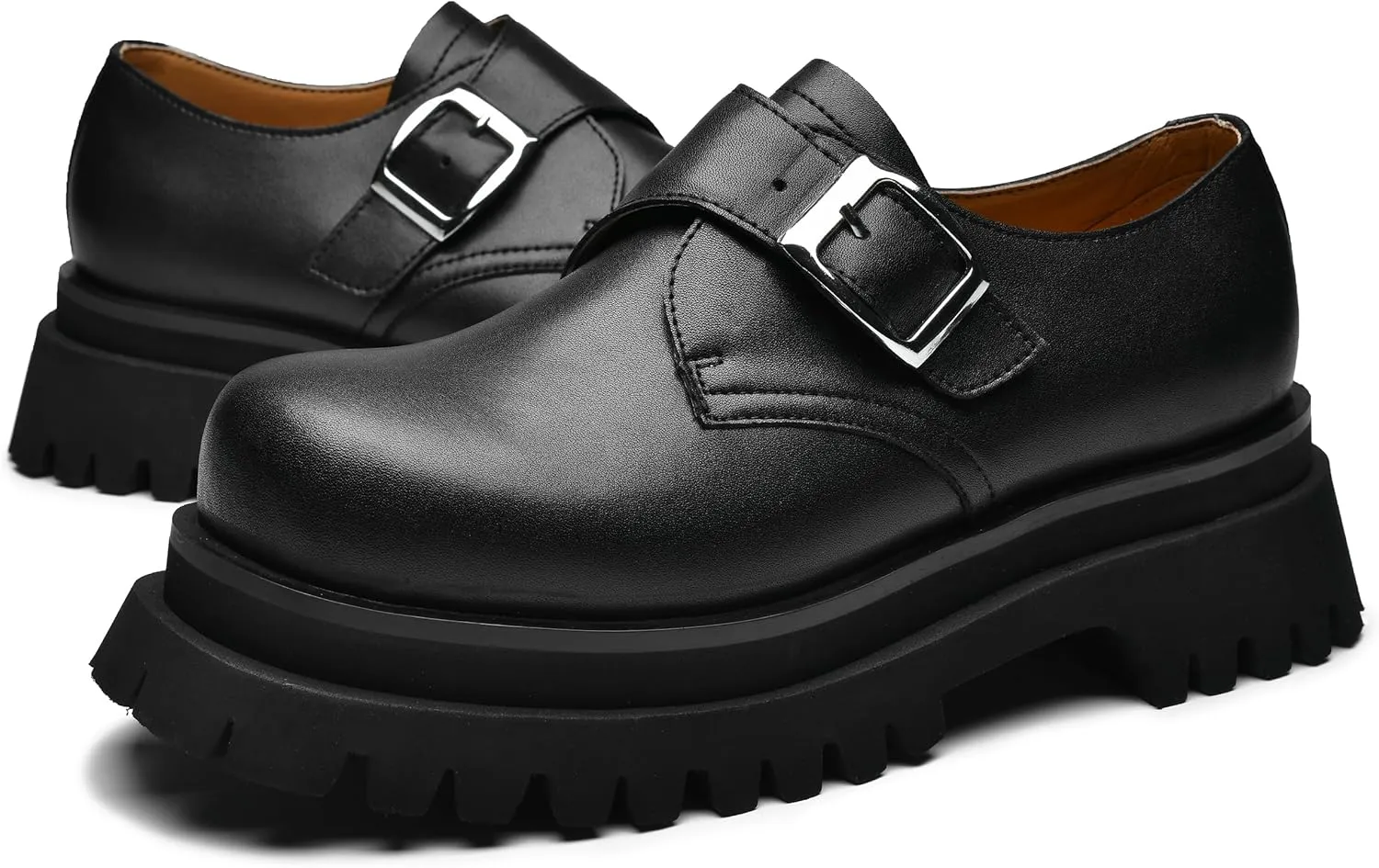 JIONS Mens Black Leather Derby Shoes Non-Slip 2.36" Thick-Soled Big Round-Toed Buckle Platform Dress Business Oxfords