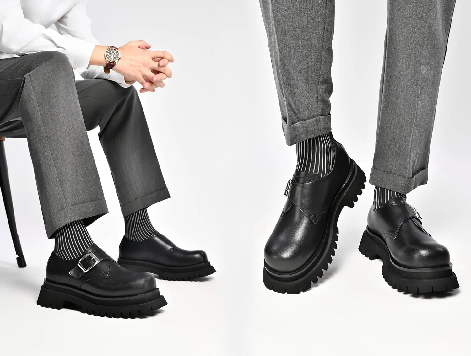JIONS Mens Black Leather Derby Shoes Non-Slip 2.36" Thick-Soled Big Round-Toed Buckle Platform Dress Business Oxfords