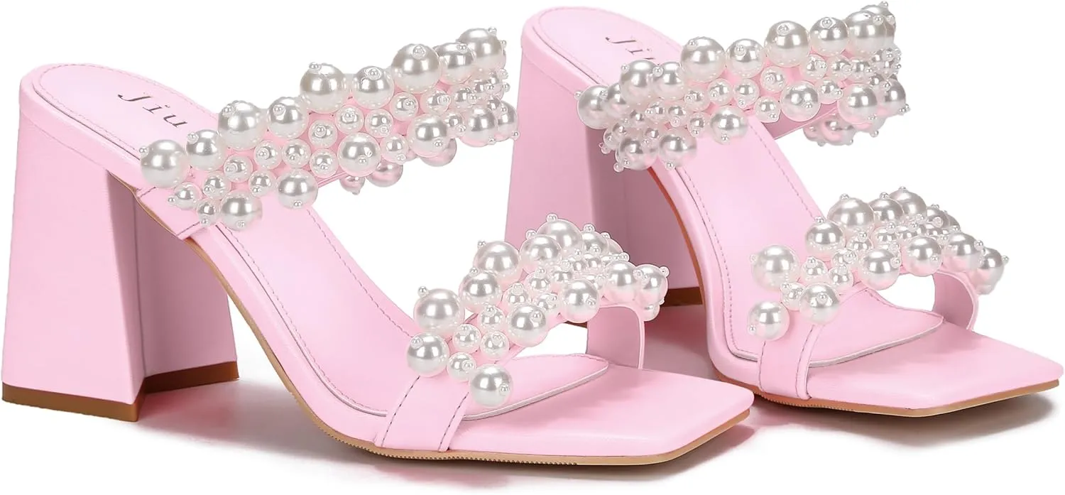 Jiu du Pearl Heels for Women Slide Mule Heels Square Toe Low Block Slip On Backless Heeled Sandals