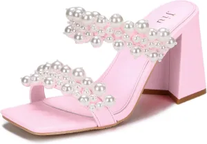 Jiu du Pearl Heels for Women Slide Mule Heels Square Toe Low Block Slip On Backless Heeled Sandals