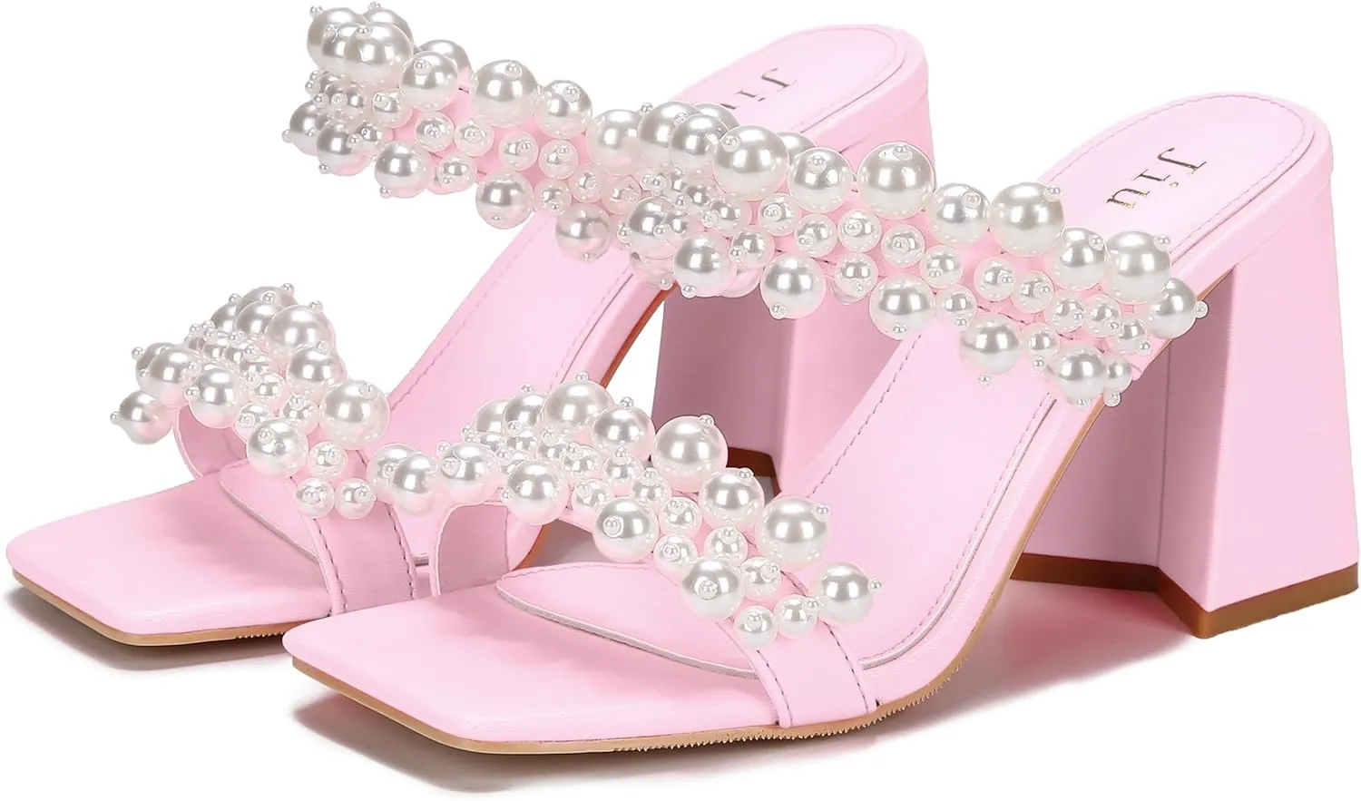 Jiu du Pearl Heels for Women Slide Mule Heels Square Toe Low Block Slip On Backless Heeled Sandals