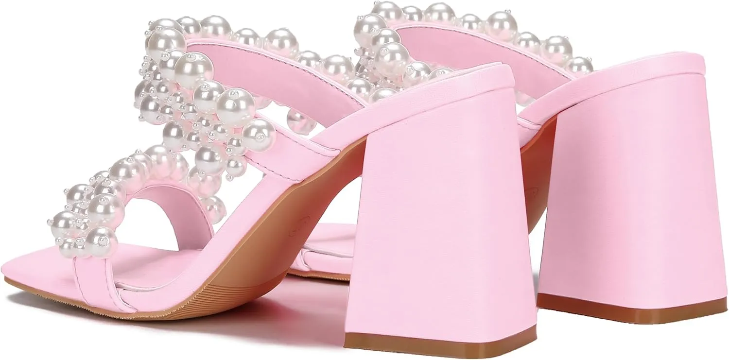 Jiu du Pearl Heels for Women Slide Mule Heels Square Toe Low Block Slip On Backless Heeled Sandals
