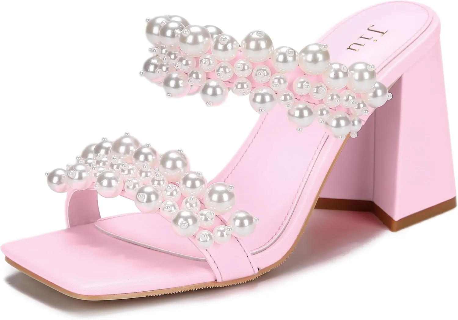 Jiu du Pearl Heels for Women Slide Mule Heels Square Toe Low Block Slip On Backless Heeled Sandals