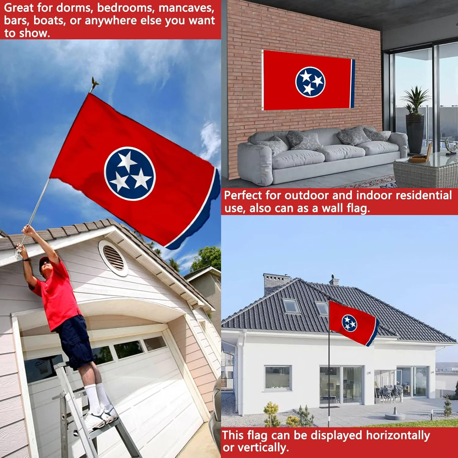 Joven Tennessee Flag 3x5 Outdoor, Double Sided - Heavy Duty, 4 Rows Sewn, Polyester, Water Resistant, 35.4x59.1in