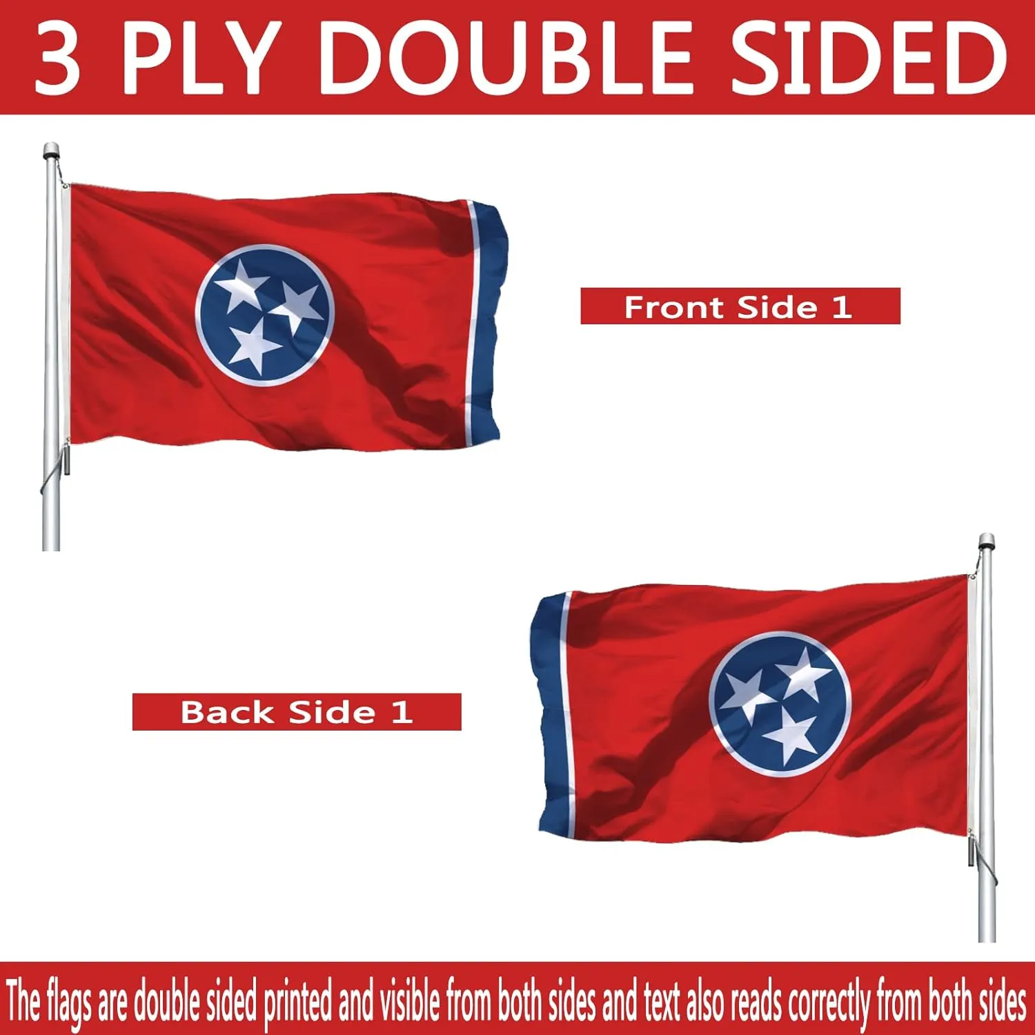 Joven Tennessee Flag 3x5 Outdoor, Double Sided - Heavy Duty, 4 Rows Sewn, Polyester, Water Resistant, 35.4x59.1in