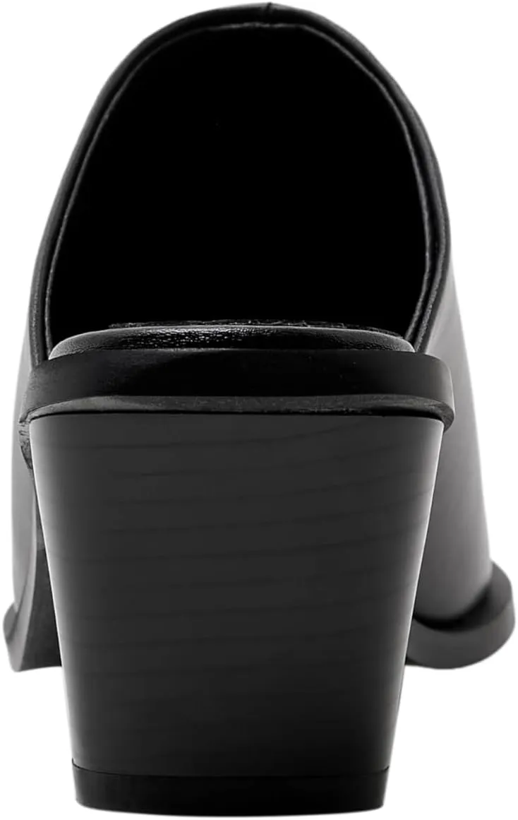 keleimusi Cowboy Loafer Leather Mules for Women Pointed Toe Western Chunky Heeled Slides