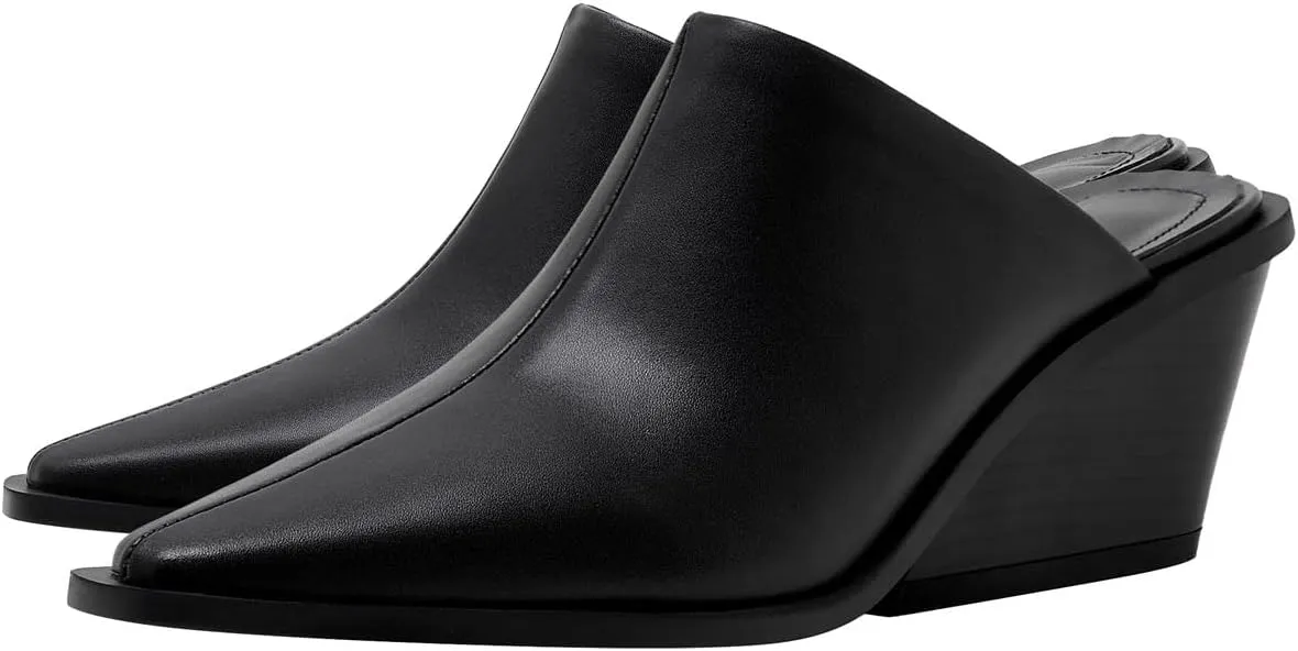 keleimusi Cowboy Loafer Leather Mules for Women Pointed Toe Western Chunky Heeled Slides