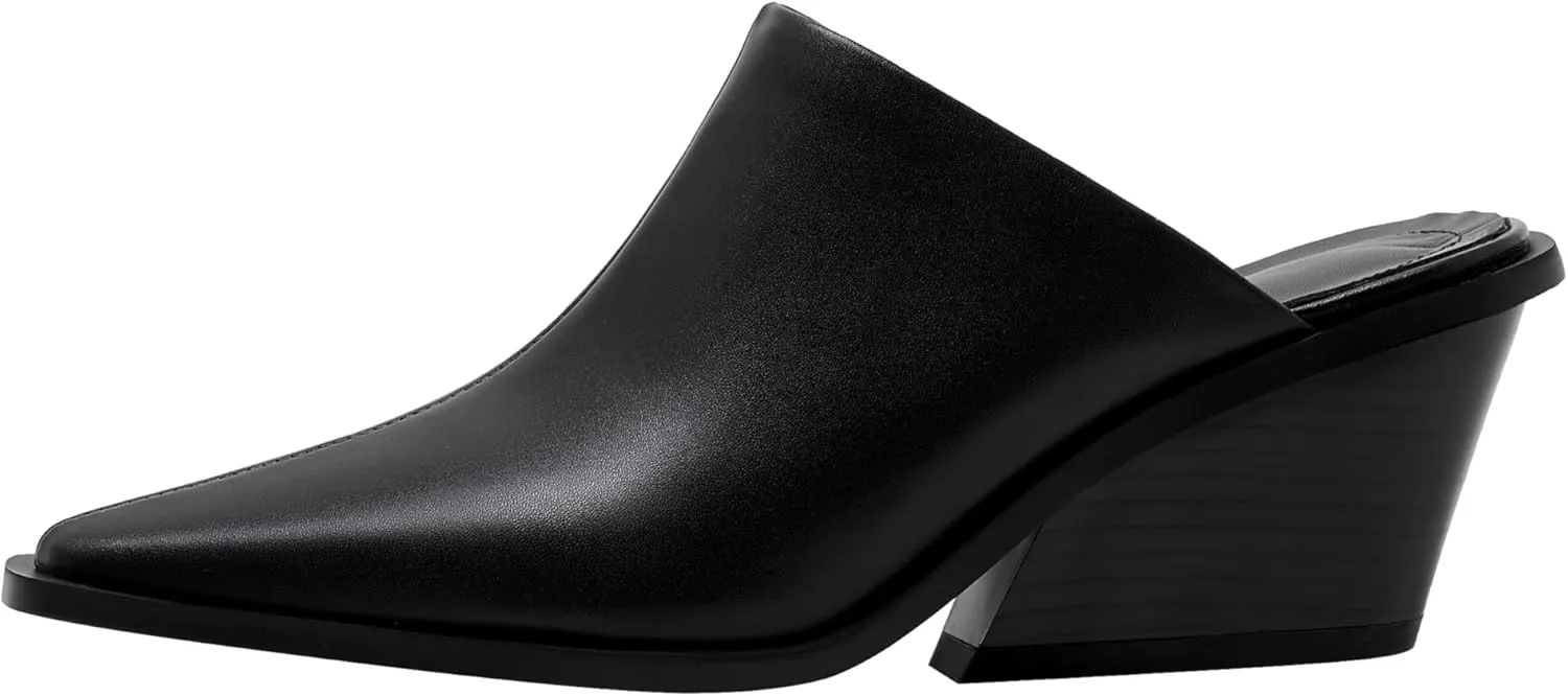 keleimusi Cowboy Loafer Leather Mules for Women Pointed Toe Western Chunky Heeled Slides