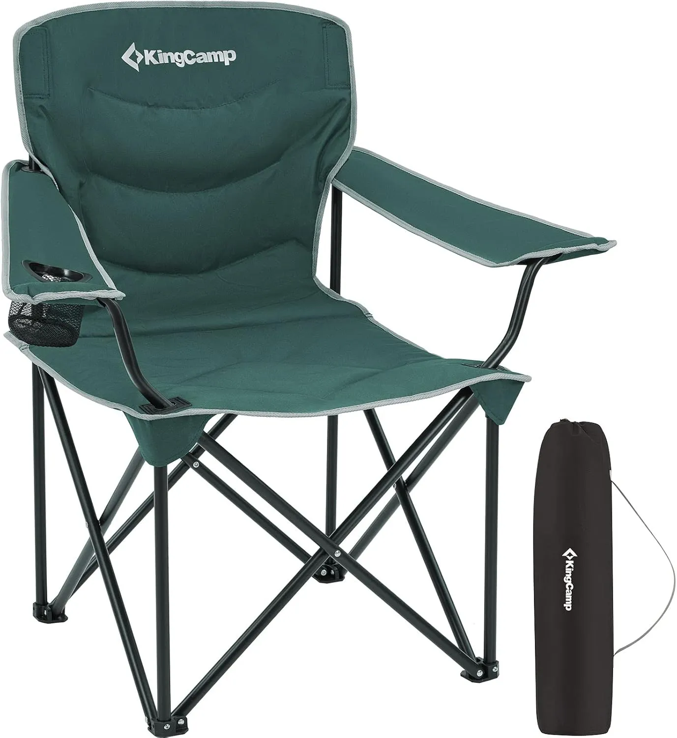 KingCamp Folding Camping Oversized Portable Padded Quad Chairs with Cup Holder and Carry Bag Heavy Duty Supports 300lbs for Outdoor, Fishing, Picnic, Sports, 37.4" x 22.8" x 38.9", Green