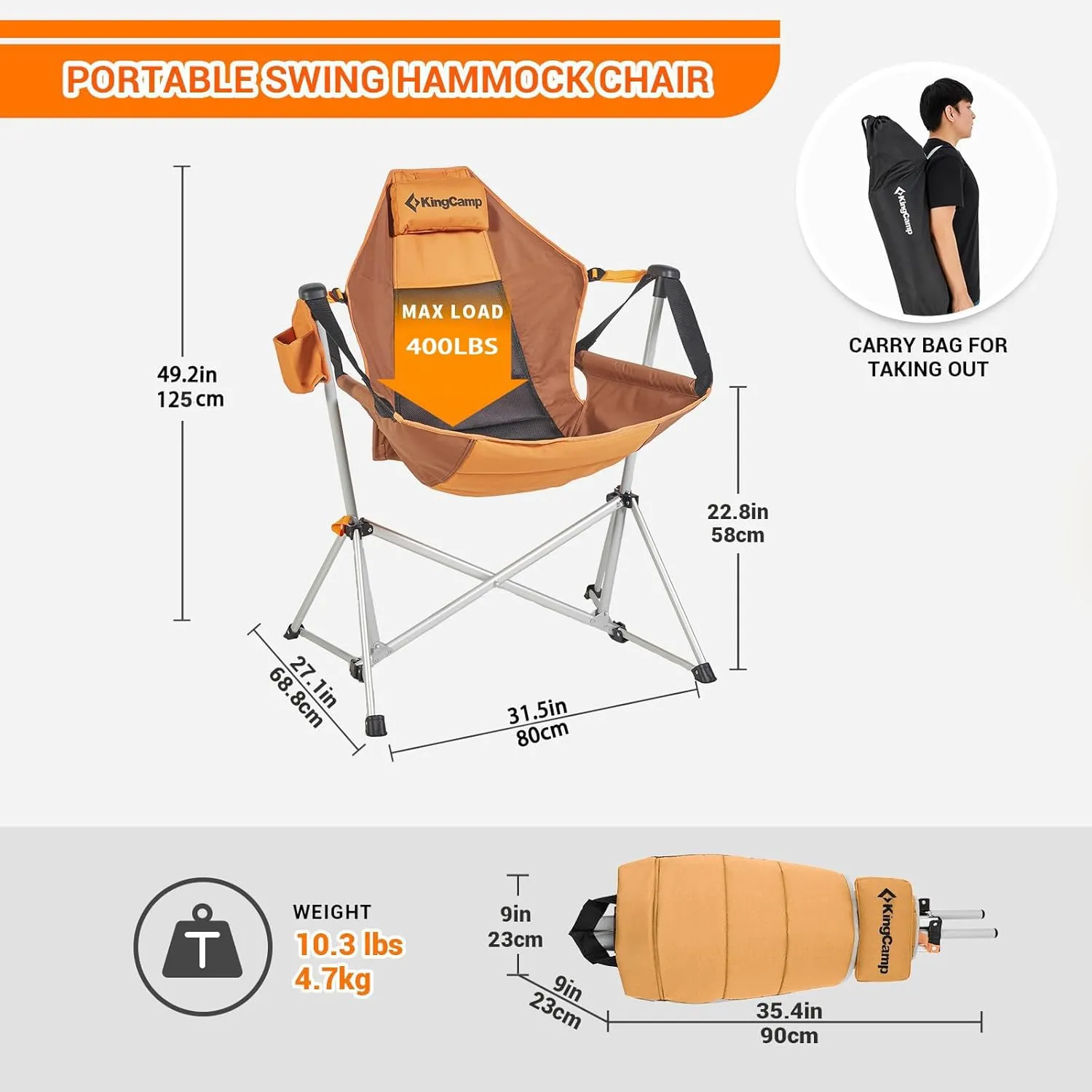 KingCamp Hammock Camping Chair, Swinging Portable Folding Camp Chairs for Adults Max 400lbs Heavy Duty Foldable Oversized Rocker with Aluminum Alloy Frame Cup Holder for Outdoor Beach Patio Sport
