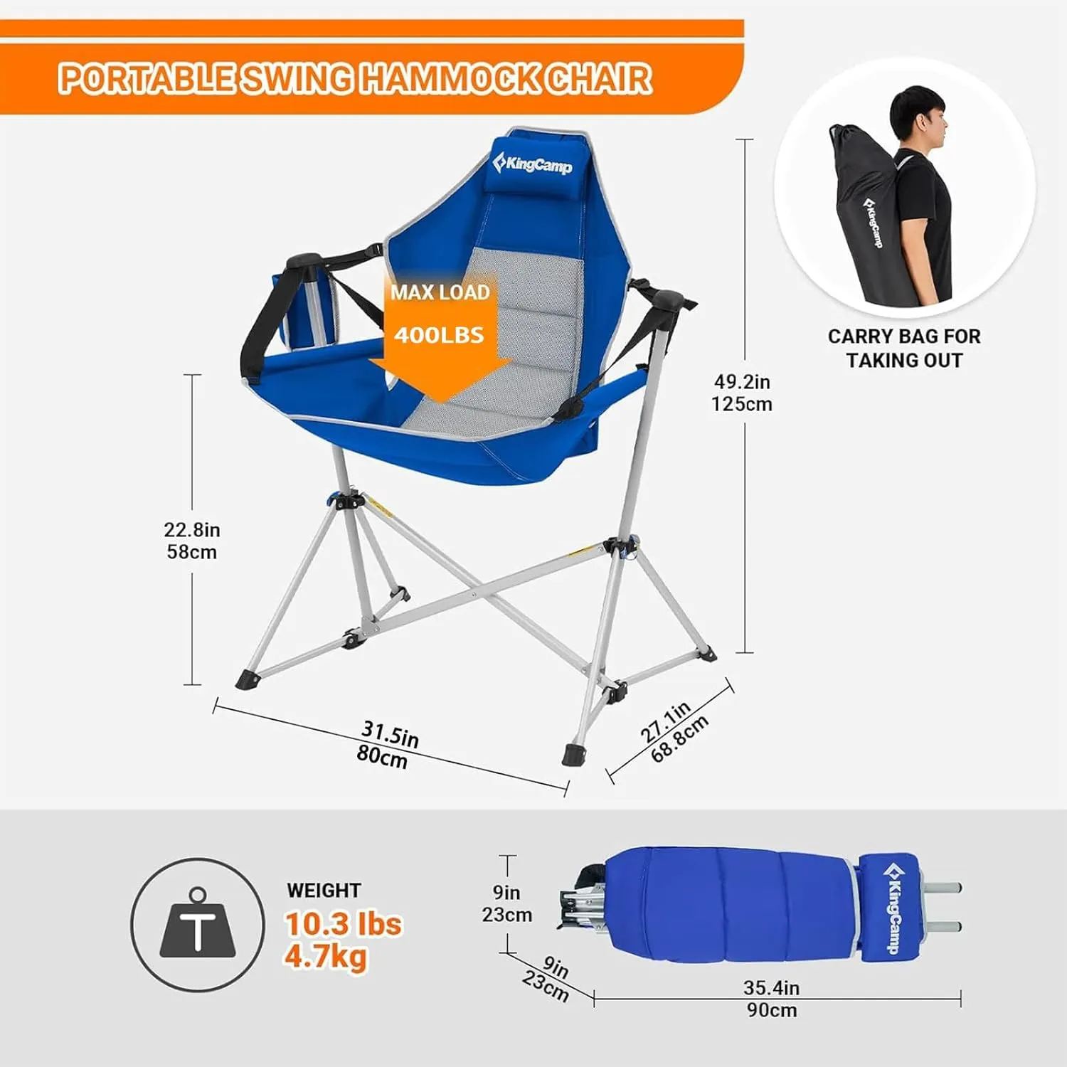 KingCamp Hammock Chair with Footrest, Swinging Portable Folding Camping Chairs for Adults 400lbs Heavy Duty Foldable Oversized Rocker with Cup Holder Pillow for Outdoor Beach Patio Sport Lawn